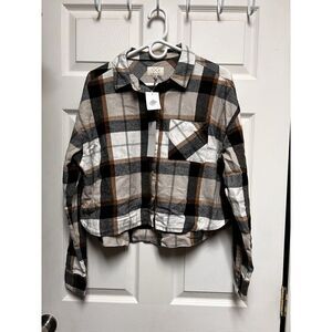 NWT $49 THREAD & SUPPLY Tan White Crop Flannel‎ Plaid Shirt Cotton Medium 0153